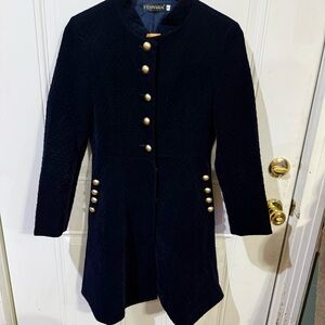 Women's Black Coat with Gold Buttons Quilted Velvet Wool Blend